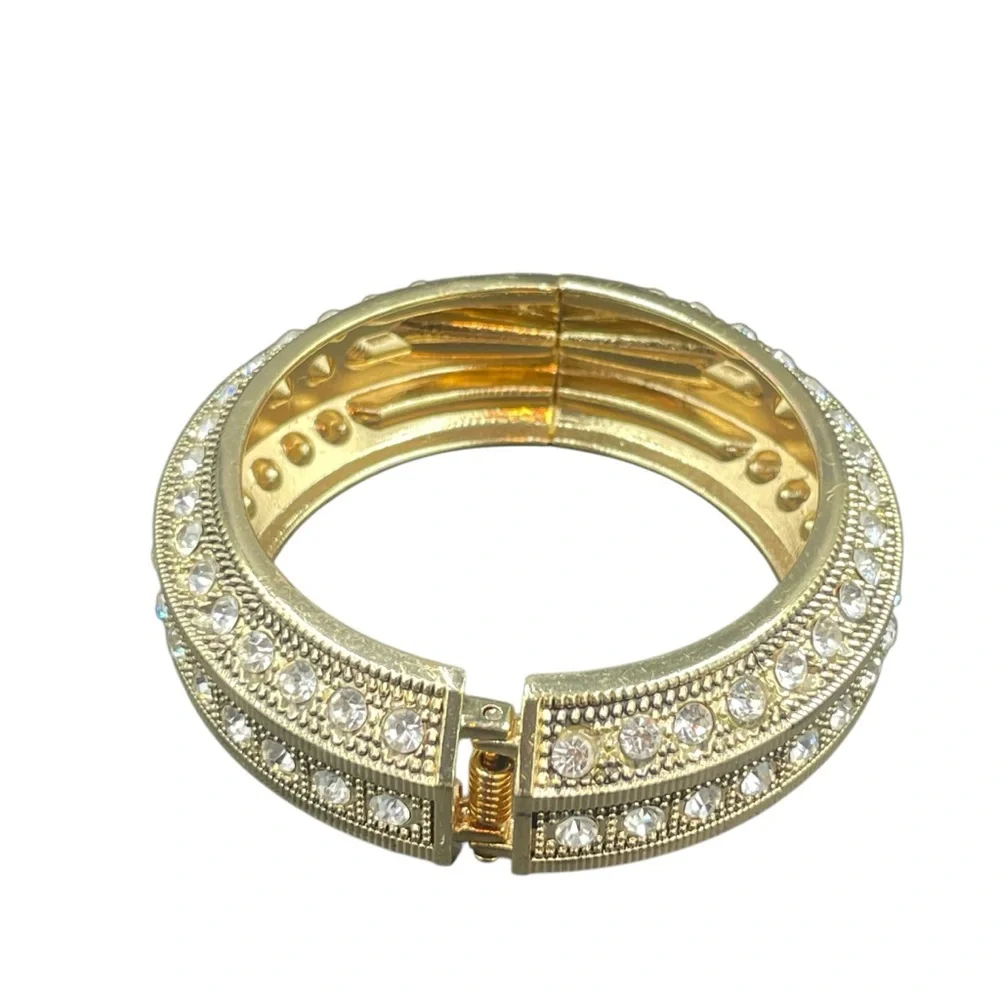 Elegant Gold and Crystal Thick Hinged Bangle Bracelet - Picture 4 of 4